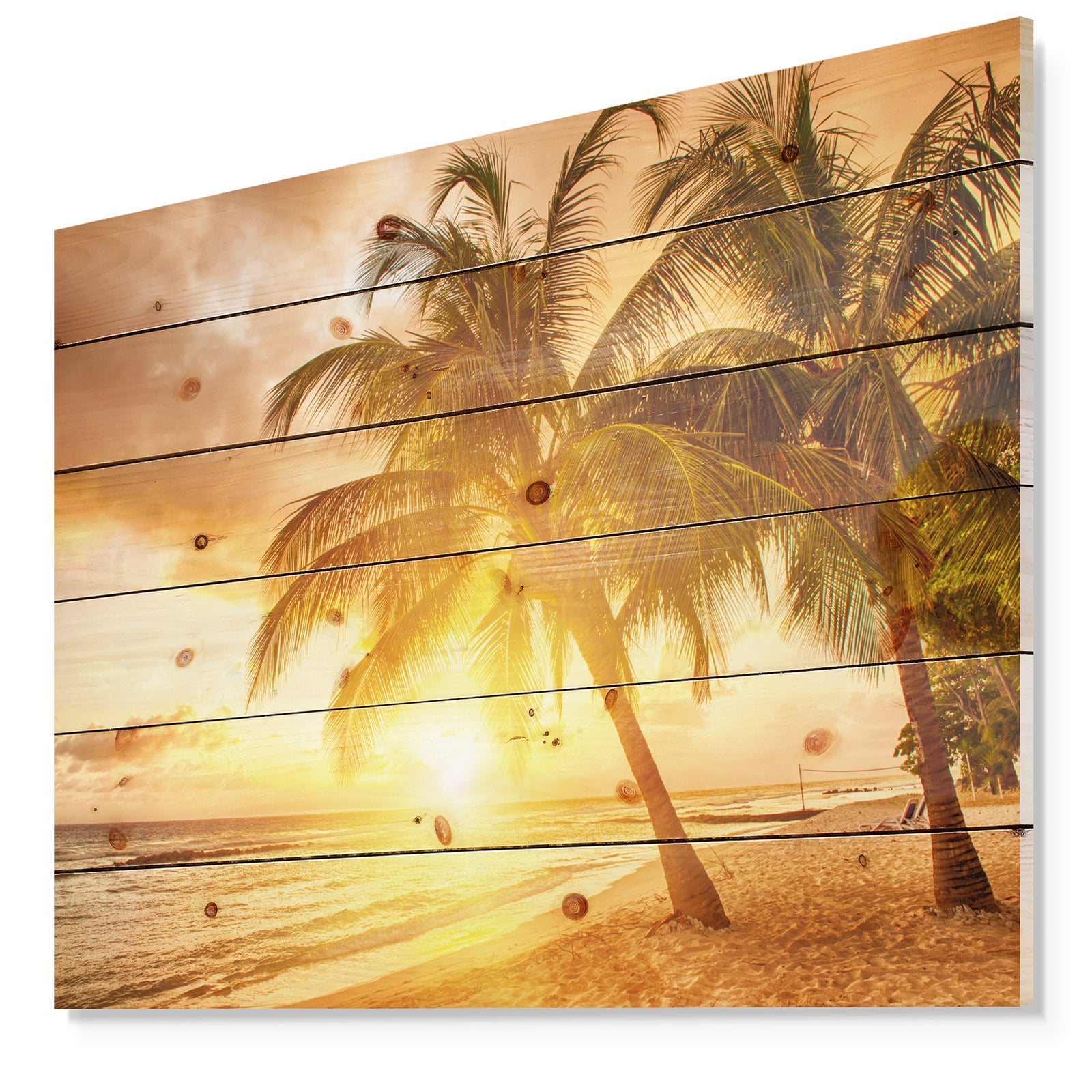 Bright Sunset at Barbados Island - Modern Seascape Print on Natural Pine Wood
