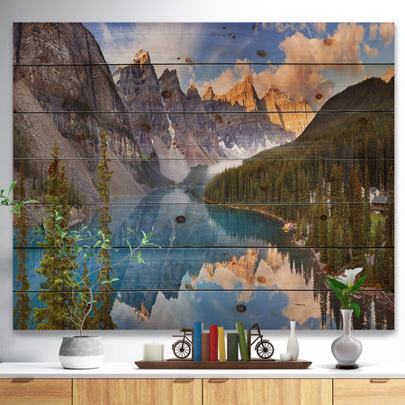 Moraine Lake in Banff Park Canada - Landscape Print on Natural Pine Wood