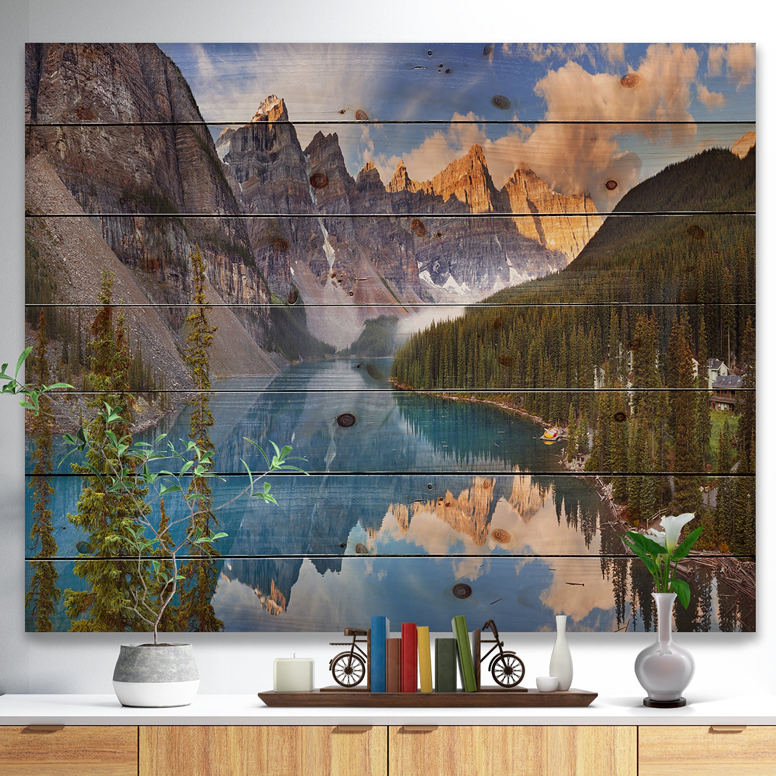 Moraine Lake in Banff Park Canada - Landscape Print on Natural Pine Wood