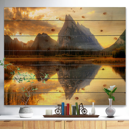 Vermillion Lake Sunrise in Banff Park - Landscape Print on Natural Pine Wood