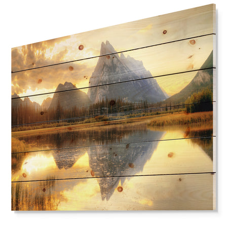 Vermillion Lake Sunrise in Banff Park - Landscape Print on Natural Pine Wood