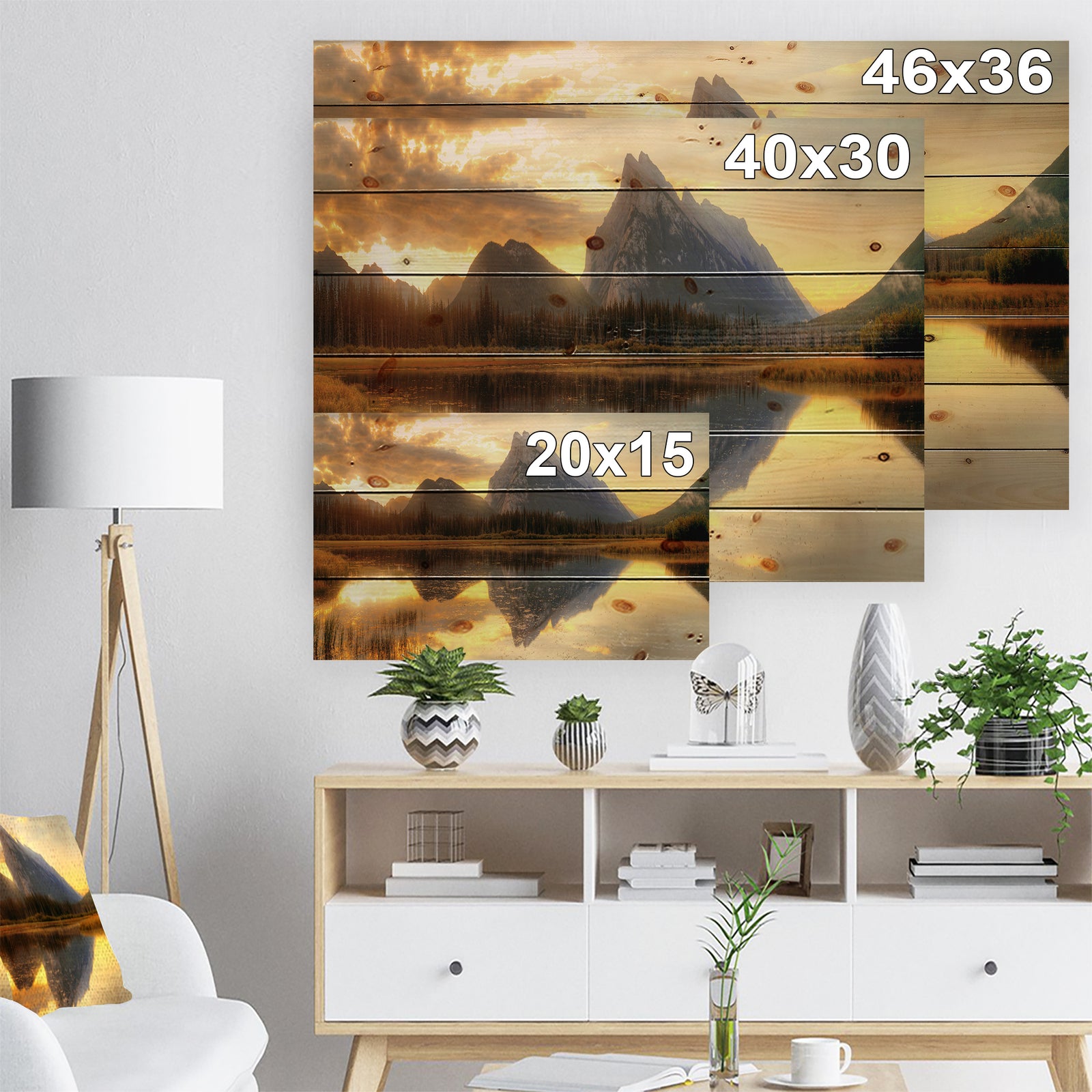 Vermillion Lake Sunrise in Banff Park - Landscape Print on Natural Pine Wood