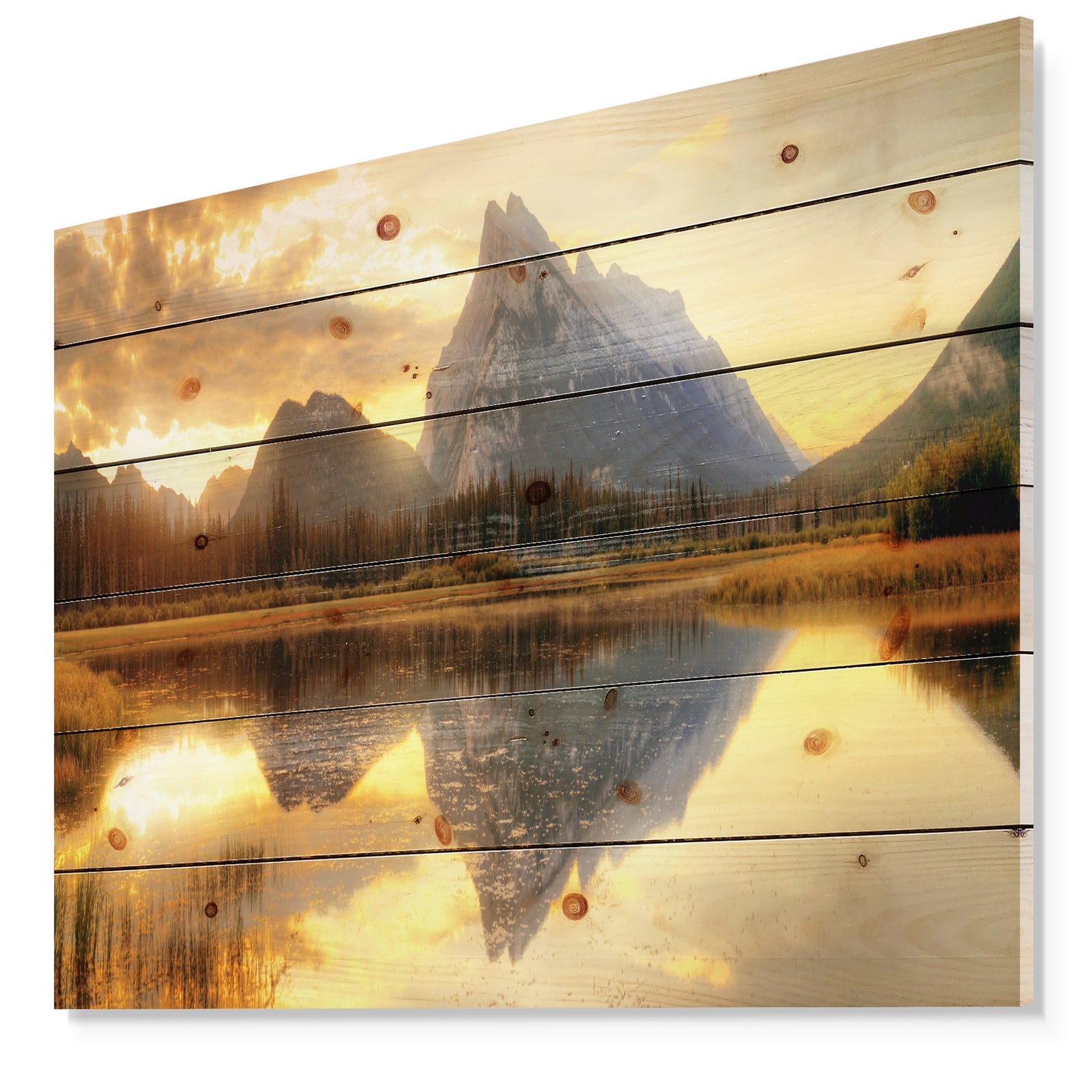 Vermillion Lake Sunrise in Banff Park - Landscape Print on Natural Pine Wood