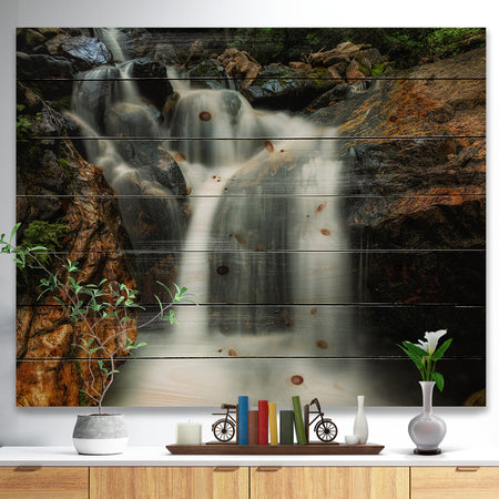 Slow Motion Waterfall on Rocks - Landscape Print on Natural Pine Wood