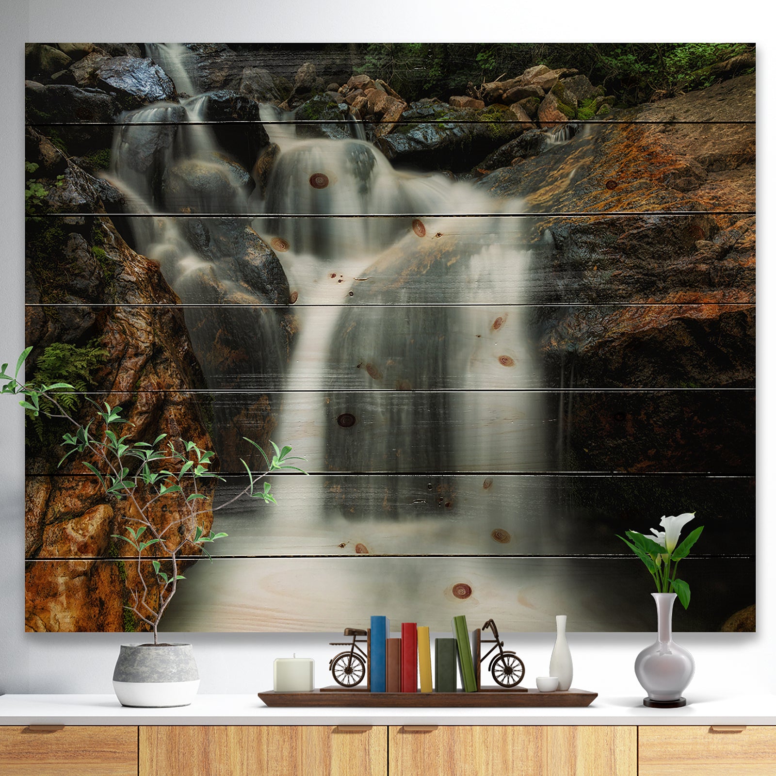 Slow Motion Waterfall on Rocks - Landscape Print on Natural Pine Wood