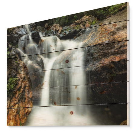 Slow Motion Waterfall on Rocks - Landscape Print on Natural Pine Wood