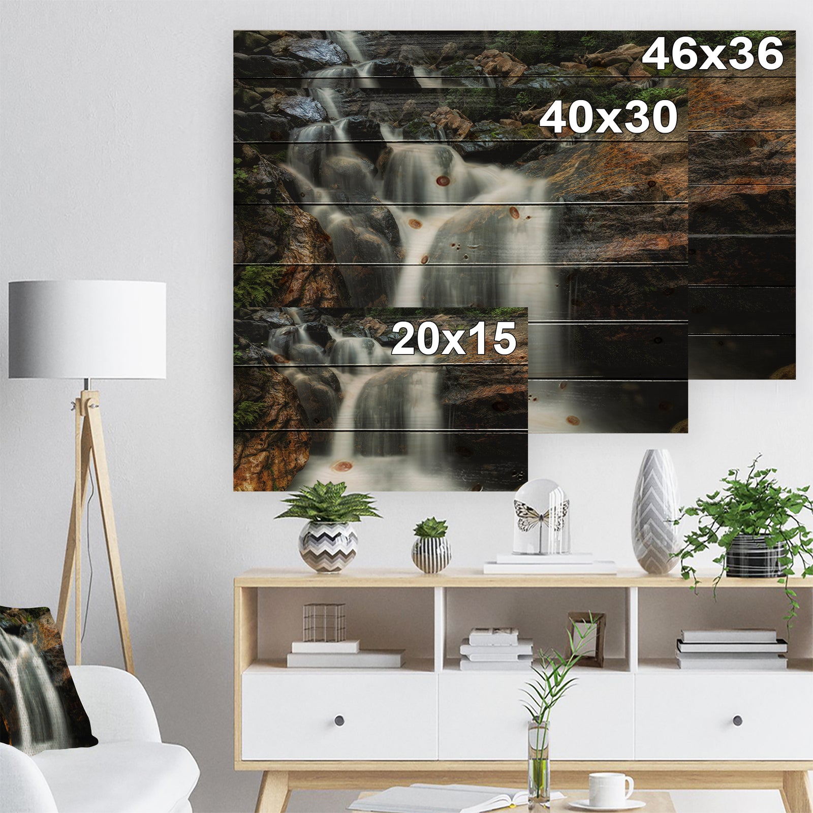Slow Motion Waterfall on Rocks - Landscape Print on Natural Pine Wood