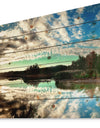 Sky Clouds Mirrored in River Panorama - Landscape Print on Natural Pine Wood