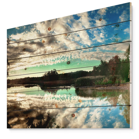 Sky Clouds Mirrored in River Panorama - Landscape Print on Natural Pine Wood