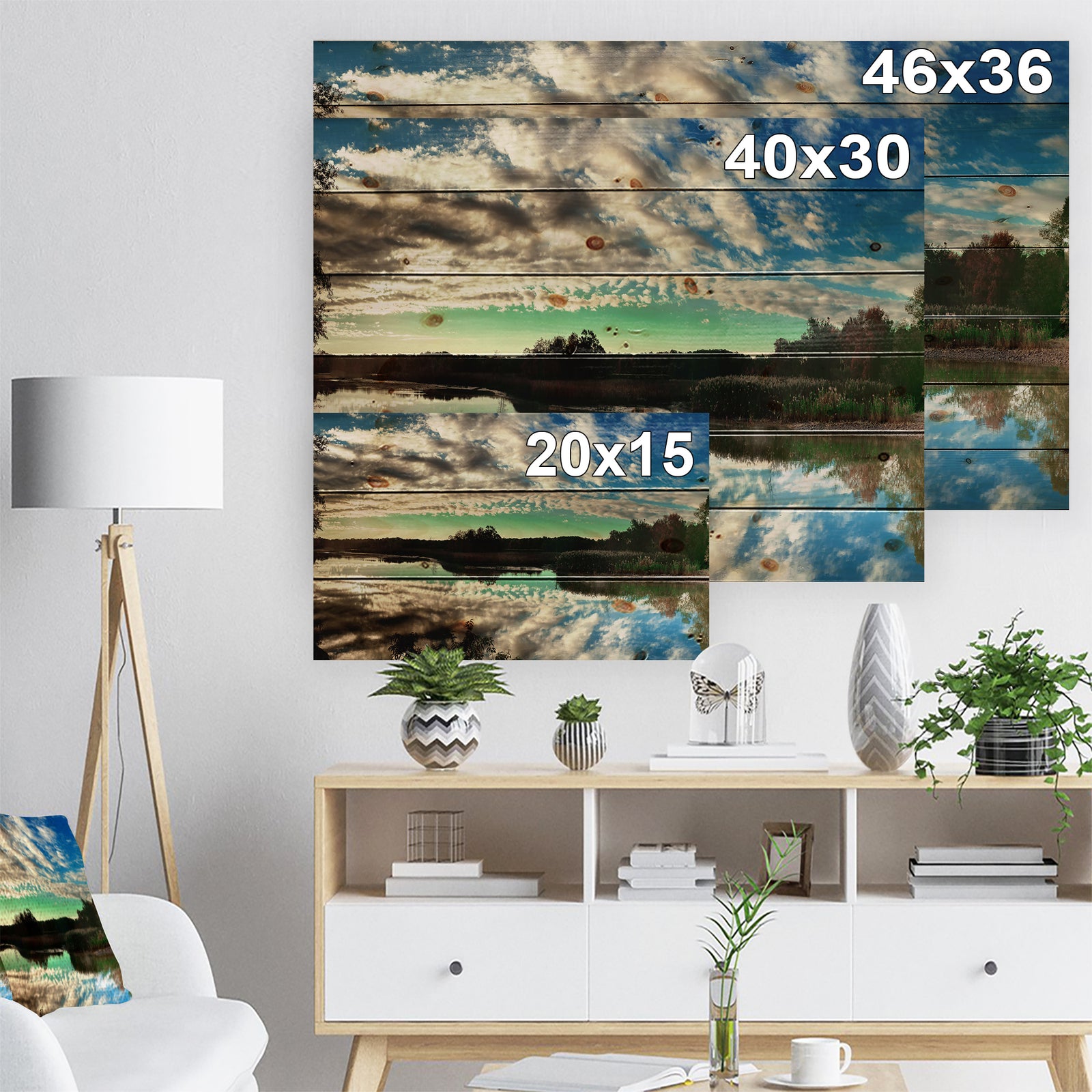 Sky Clouds Mirrored in River Panorama - Landscape Print on Natural Pine Wood