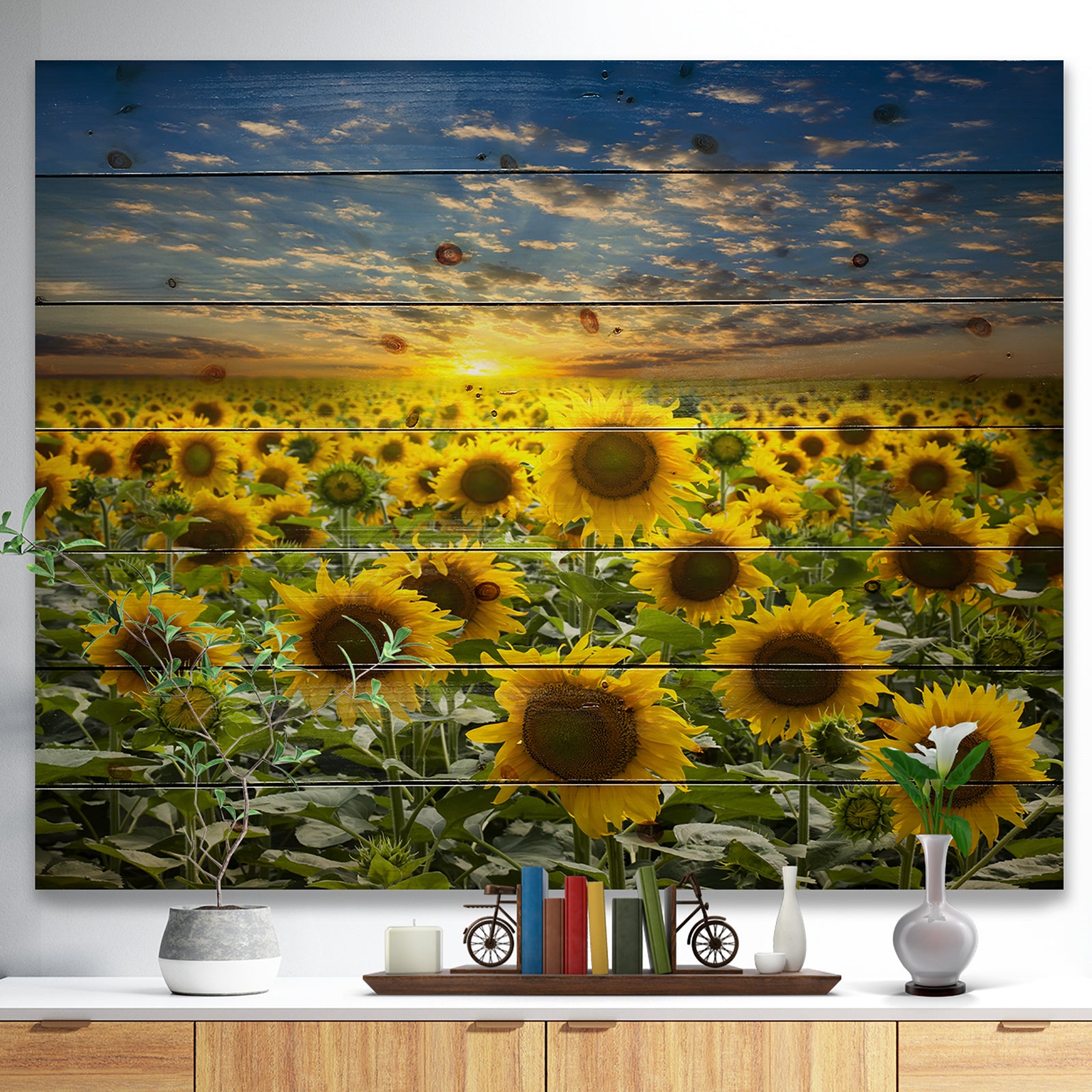 Field of Blooming Sunflowers - Flower Print on Natural Pine Wood