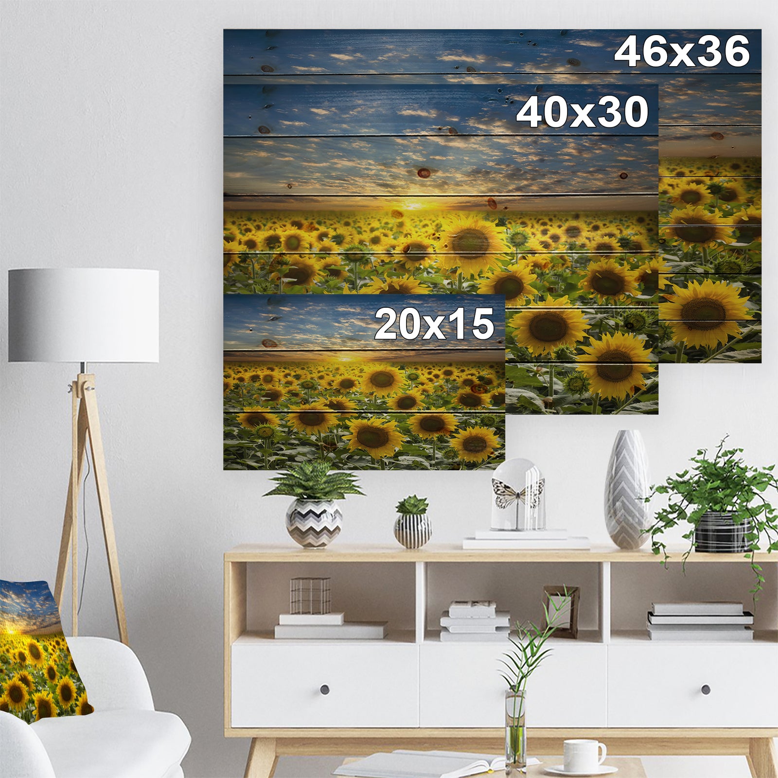 Field of Blooming Sunflowers - Flower Print on Natural Pine Wood