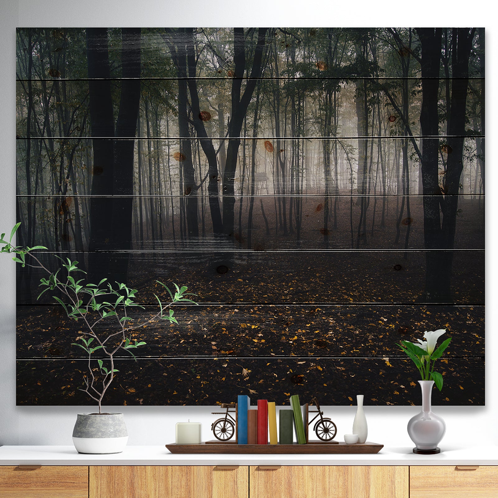 Dark Spooky Misty Wild Forest - Forest Print on Natural Pine Wood