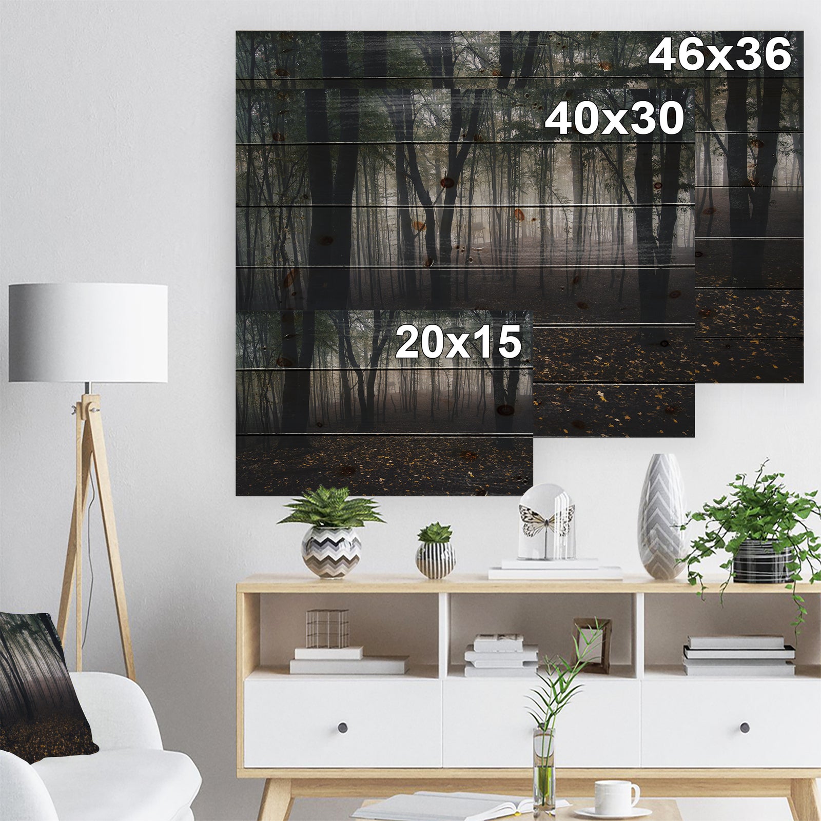 Dark Spooky Misty Wild Forest - Forest Print on Natural Pine Wood