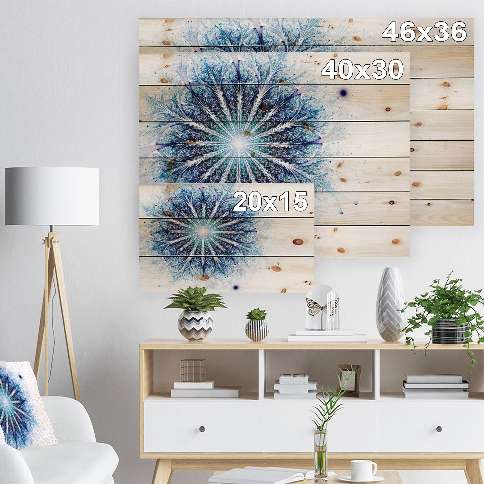 Fractal Flower Light Blue Digital Art - Flower Print on Natural Pine Wood