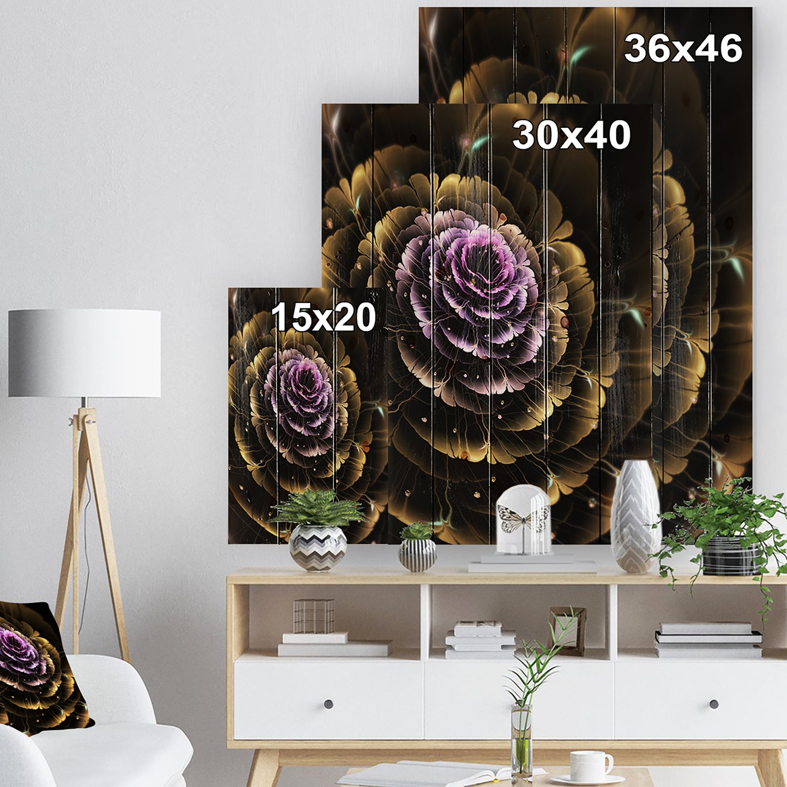 Perfect Fractal Flower in Gold and Purple - Floral Print on Natural Pine Wood