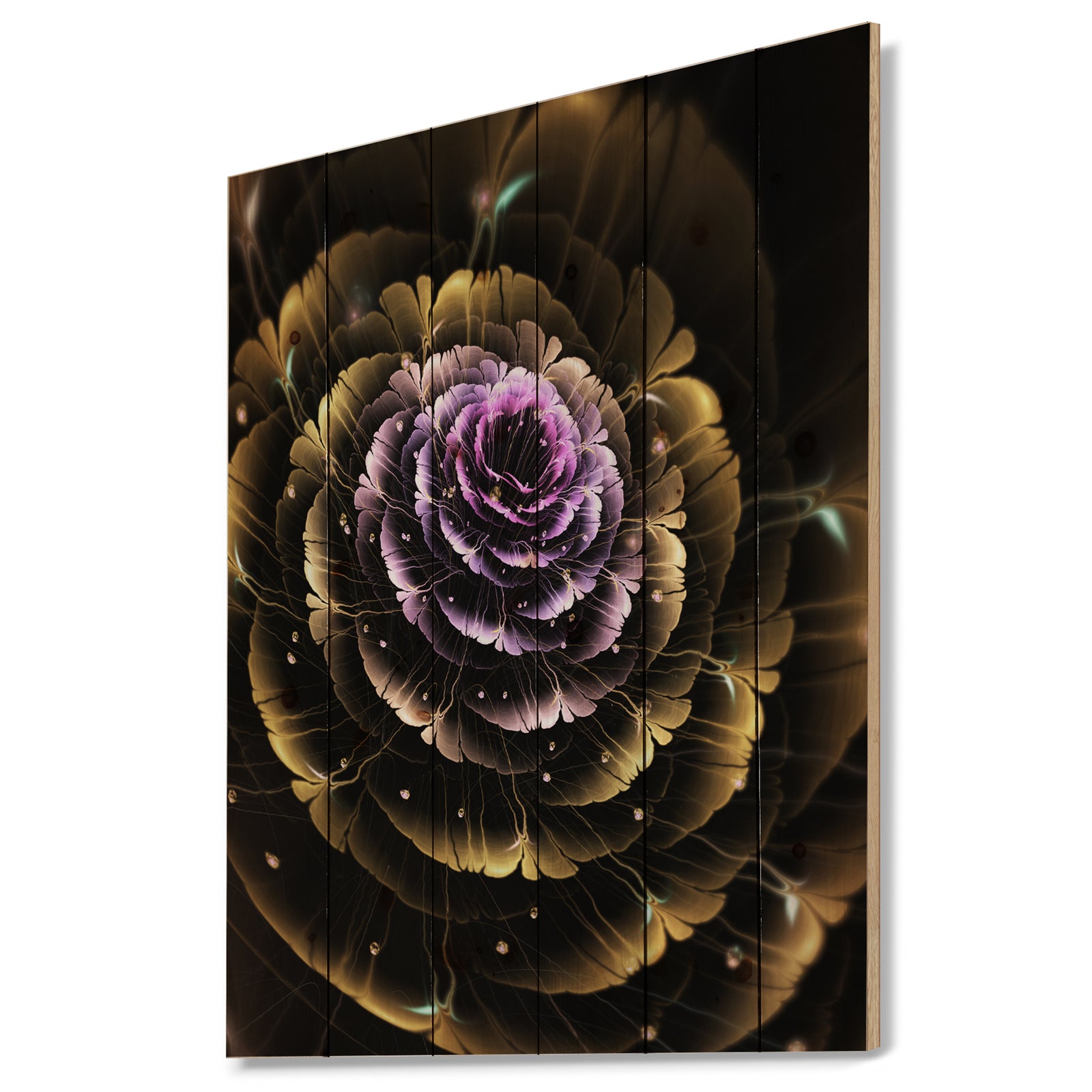Perfect Fractal Flower in Gold and Purple - Floral Print on Natural Pine Wood