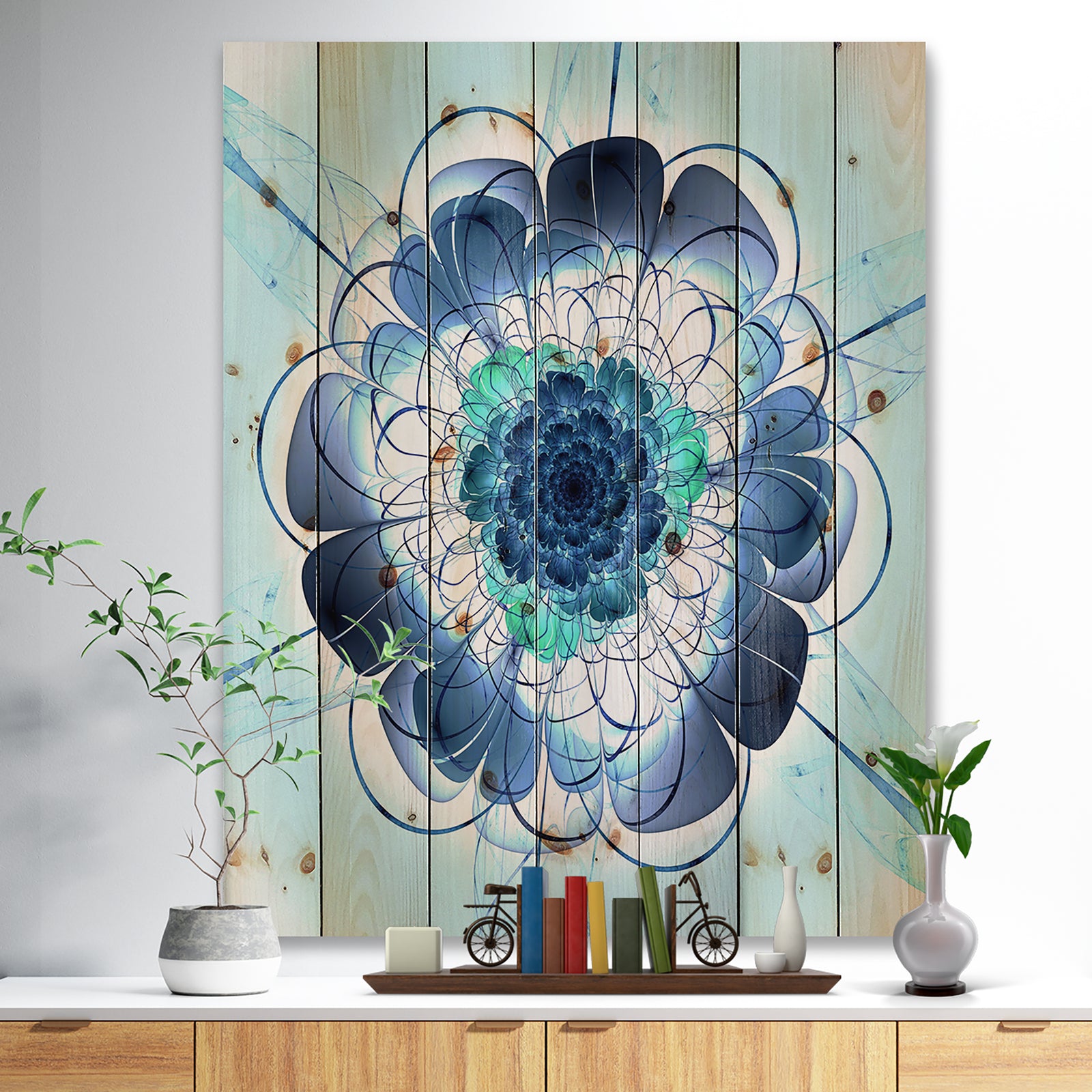Blue and Purple Rounded Flower - Floral Art Print on Natural Pine Wood