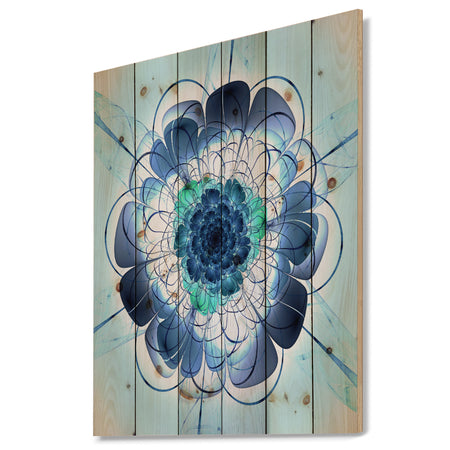 Blue and Purple Rounded Flower - Floral Art Print on Natural Pine Wood