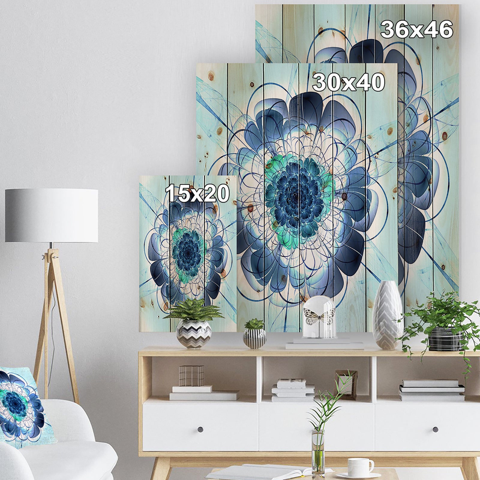 Blue and Purple Rounded Flower - Floral Art Print on Natural Pine Wood