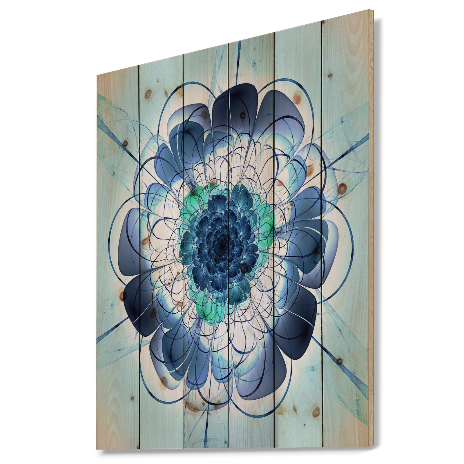 Blue and Purple Rounded Flower - Floral Art Print on Natural Pine Wood