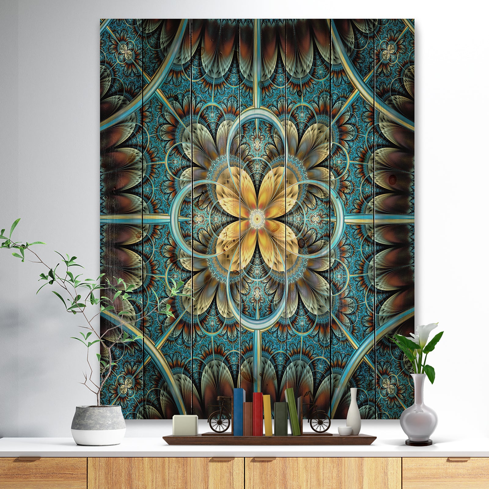 Blue and Yellow Large Fractal Flower Design - Floral Print on Natural Pine Wood