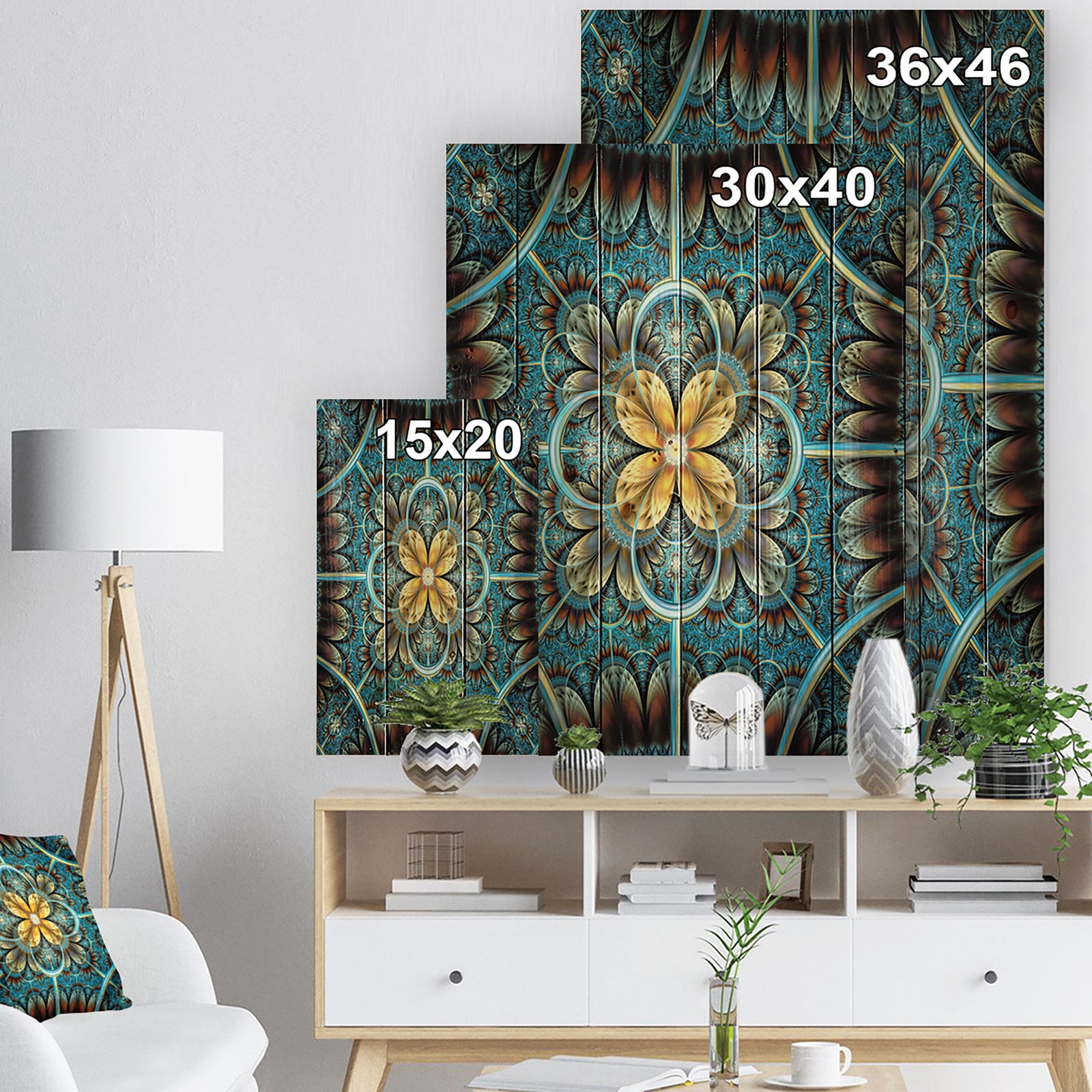 Blue and Yellow Large Fractal Flower Design - Floral Print on Natural Pine Wood