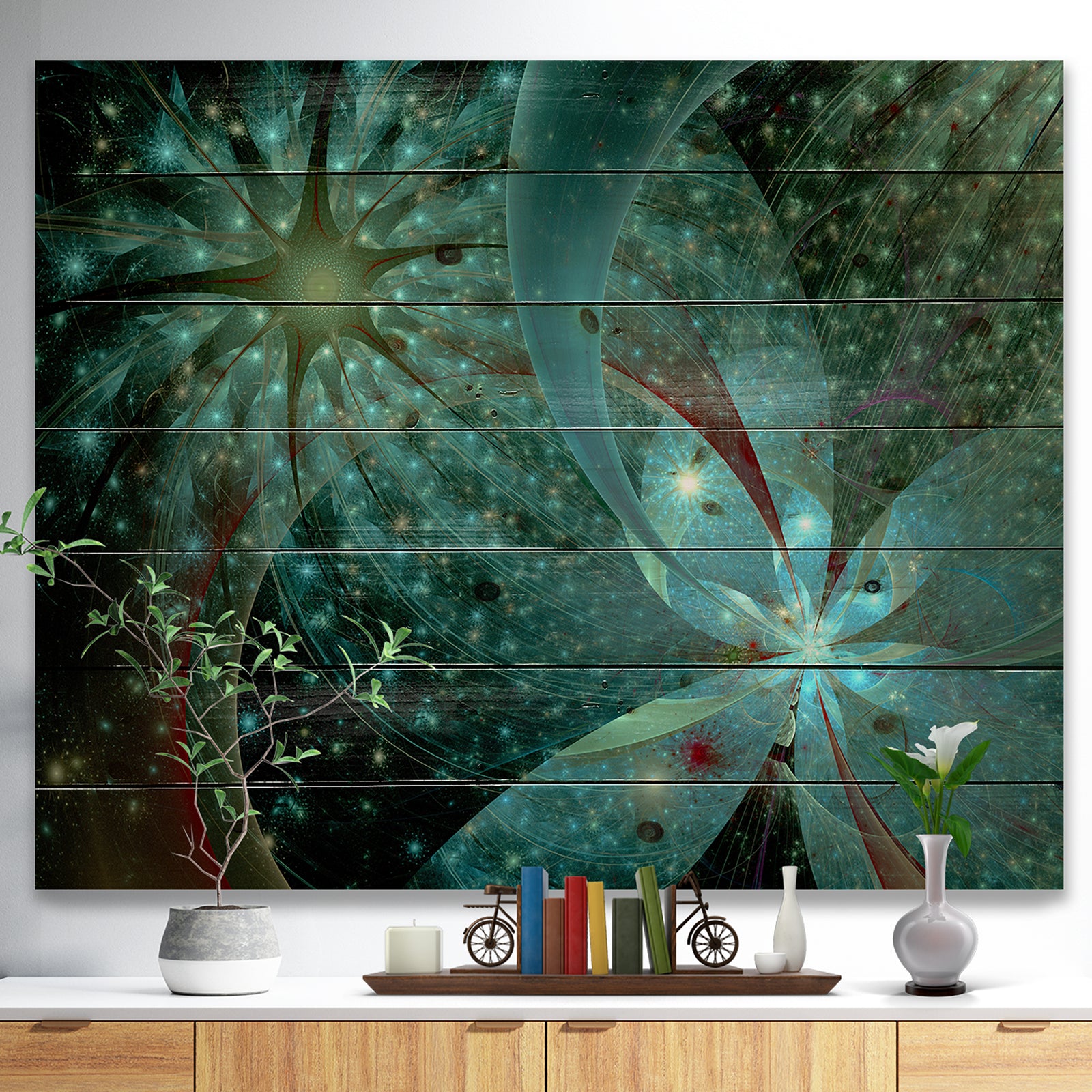 Symmetrical Fractal Flower in Light Blue - Floral Print on Natural Pine Wood
