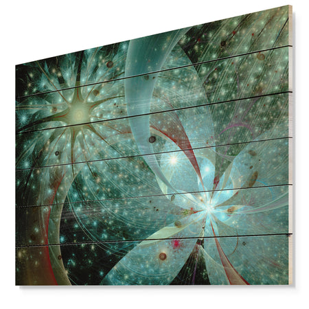 Symmetrical Fractal Flower in Light Blue - Floral Print on Natural Pine Wood