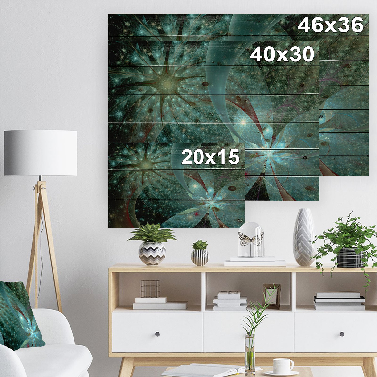 Symmetrical Fractal Flower in Light Blue - Floral Print on Natural Pine Wood