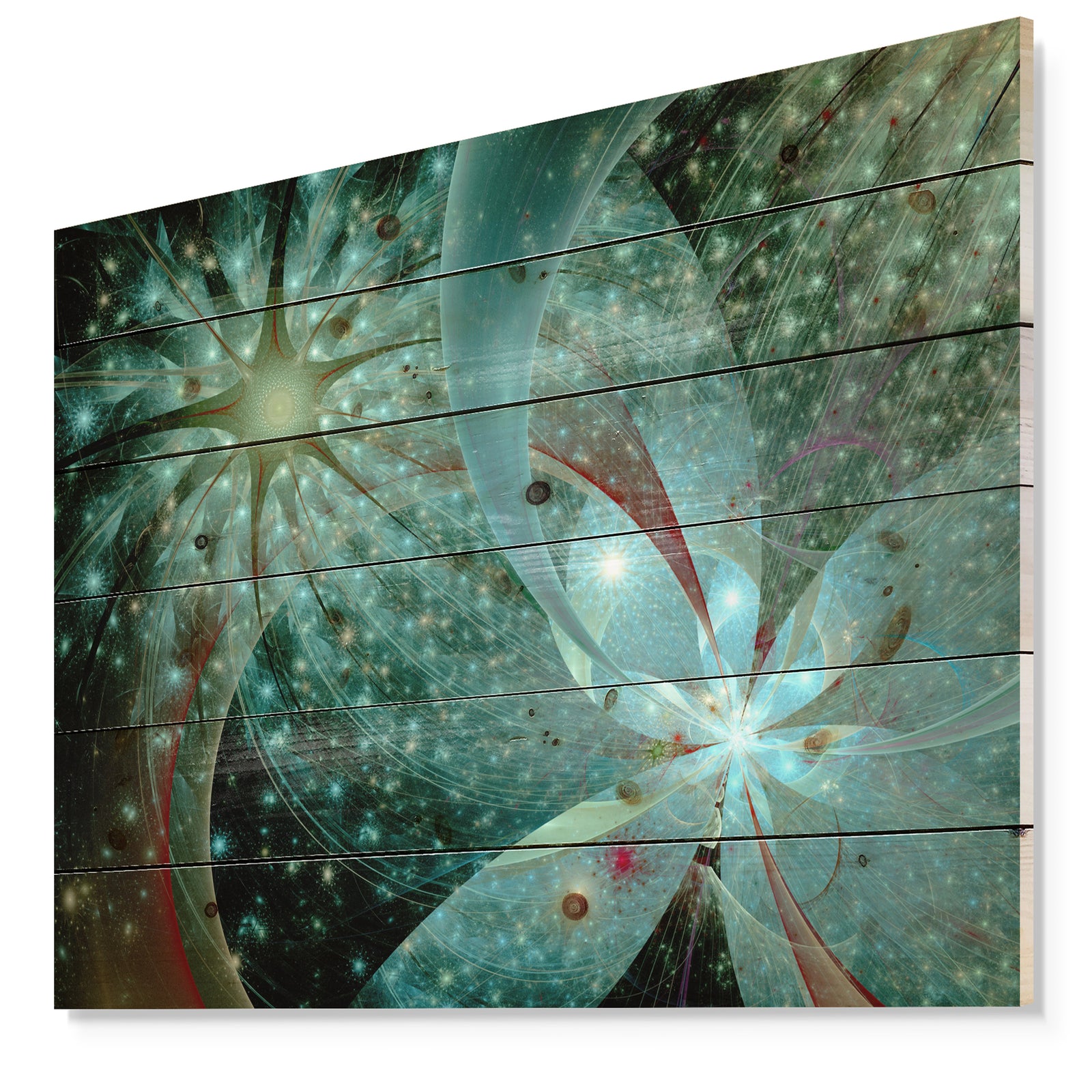 Symmetrical Fractal Flower in Light Blue - Floral Print on Natural Pine Wood