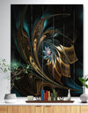 Brown Blue Fractal Flower in Black - Abstract Print on Natural Pine Wood