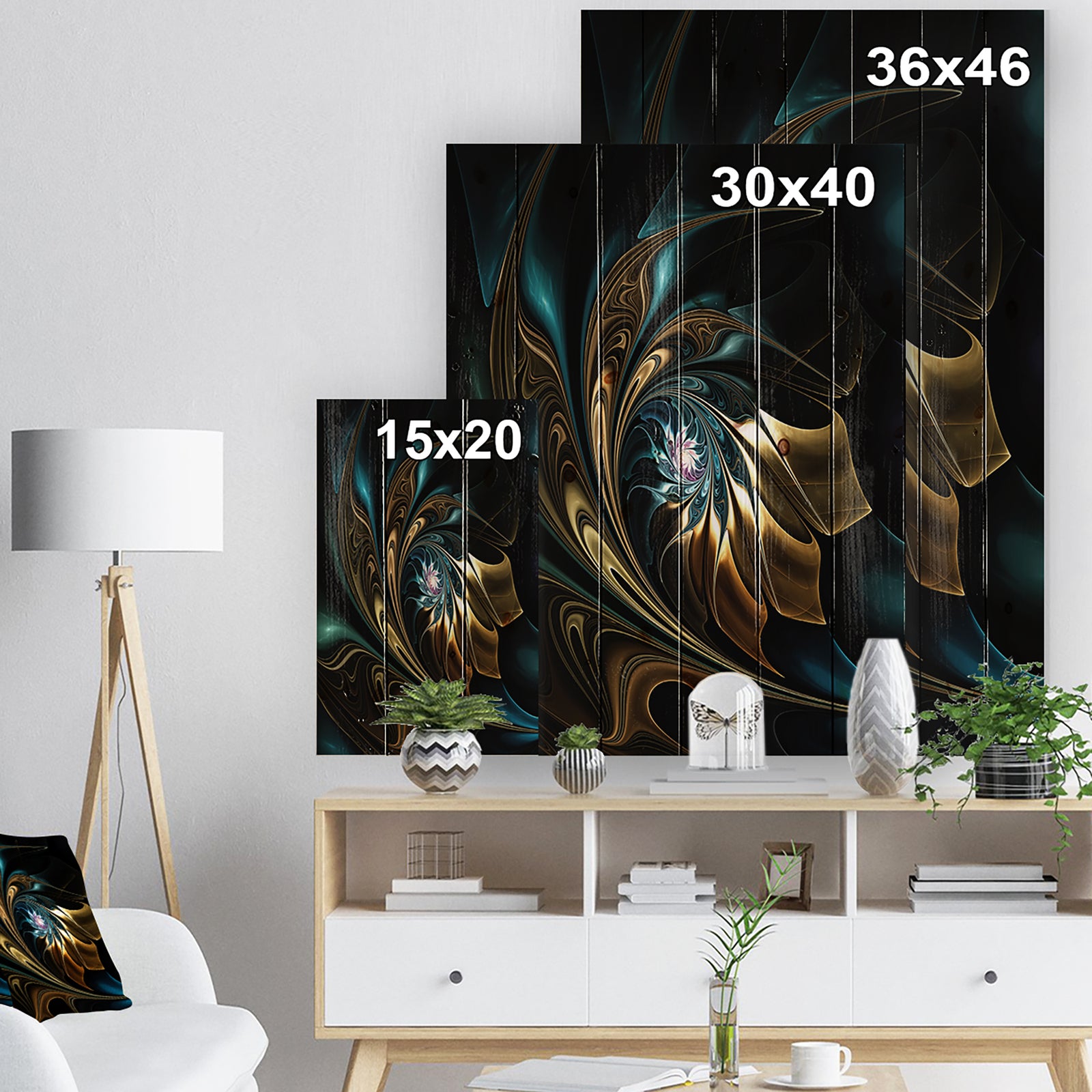 Brown Blue Fractal Flower in Black - Abstract Print on Natural Pine Wood