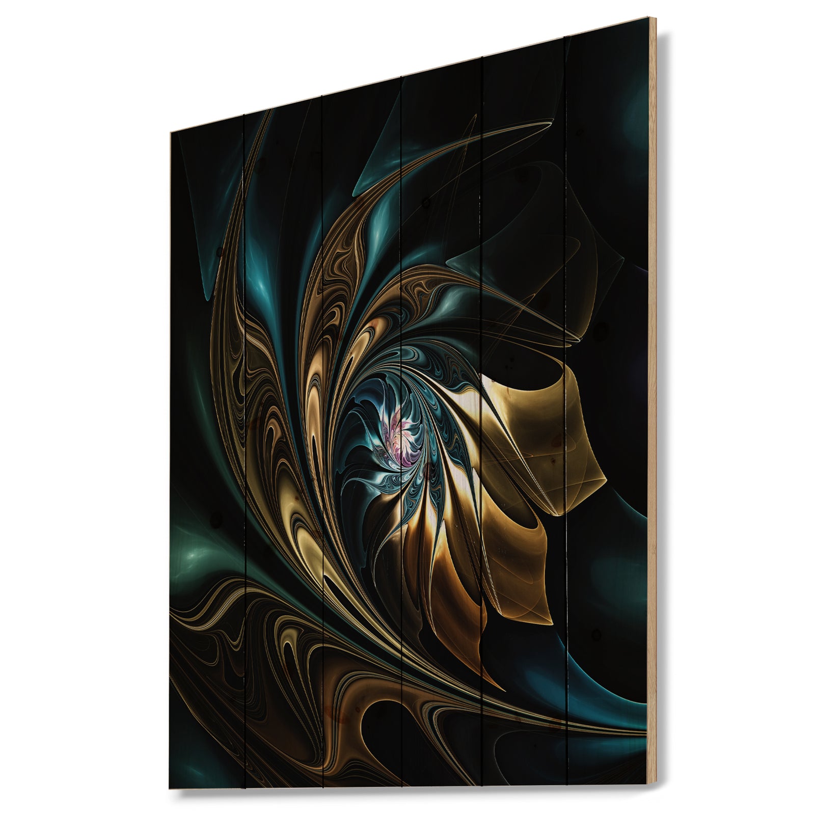 Brown Blue Fractal Flower in Black - Abstract Print on Natural Pine Wood