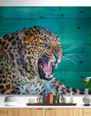 Wild Leopard Close Up View - Abstract Print on Natural Pine Wood