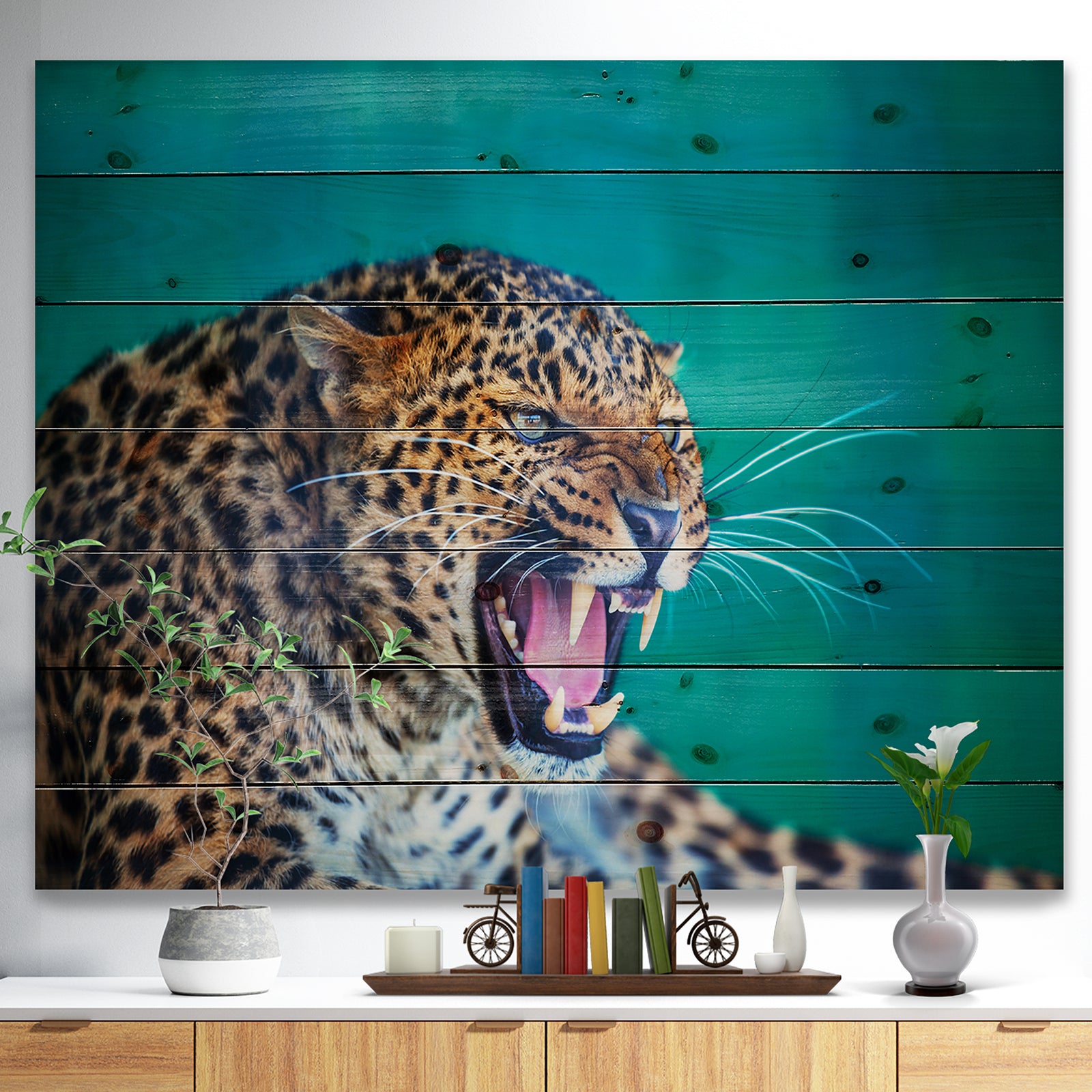 Wild Leopard Close Up View - Abstract Print on Natural Pine Wood