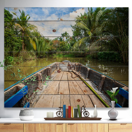 Boat in Mekong River Vietnam - Landscape Print on Natural Pine Wood
