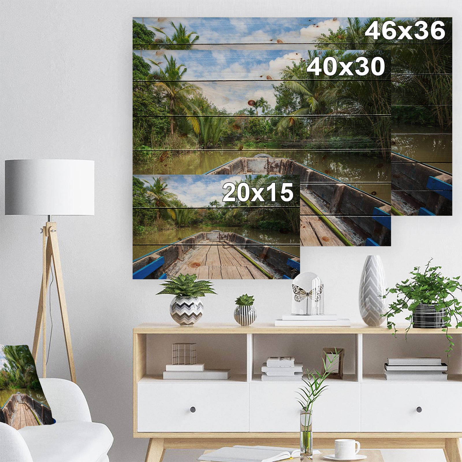 Boat in Mekong River Vietnam - Landscape Print on Natural Pine Wood