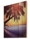 Beach with Silhouettes of Palms - Seashore Print on Natural Pine Wood