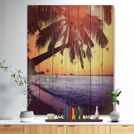 Beach with Silhouettes of Palms - Seashore Print on Natural Pine Wood