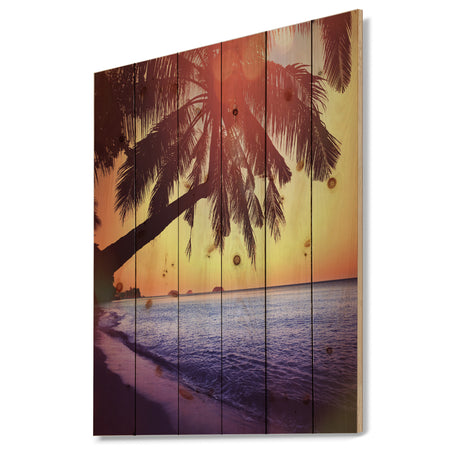 Beach with Silhouettes of Palms - Seashore Print on Natural Pine Wood