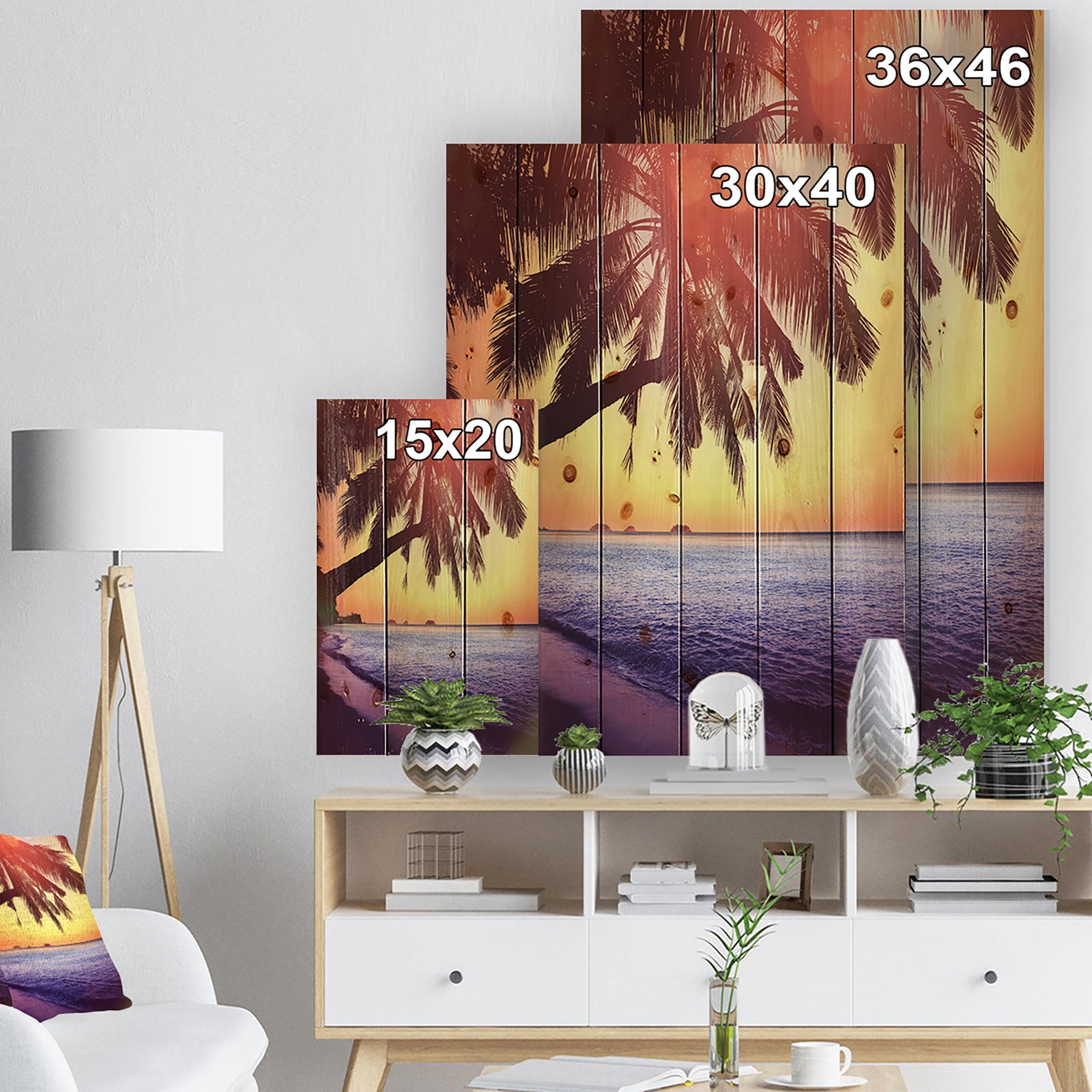 Beach with Silhouettes of Palms - Seashore Print on Natural Pine Wood