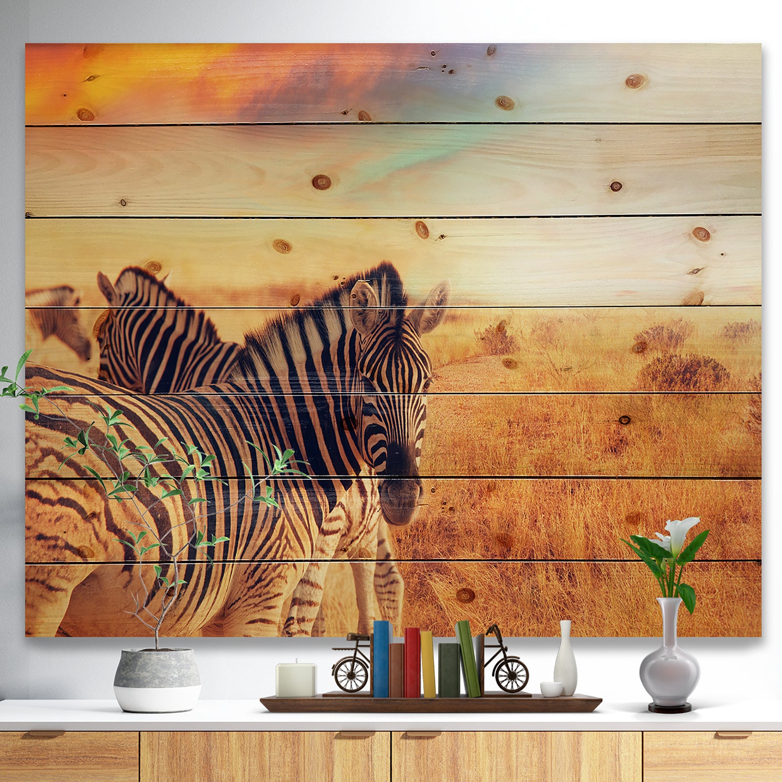 Zebras Herd in Field At Sunset - African Print on Natural Pine Wood