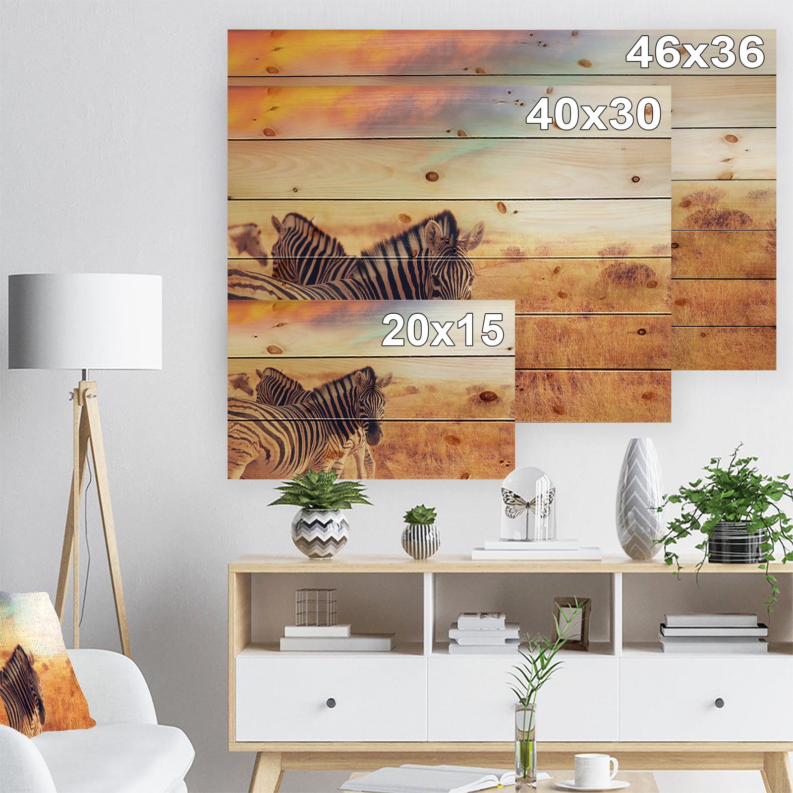 Zebras Herd in Field At Sunset - African Print on Natural Pine Wood