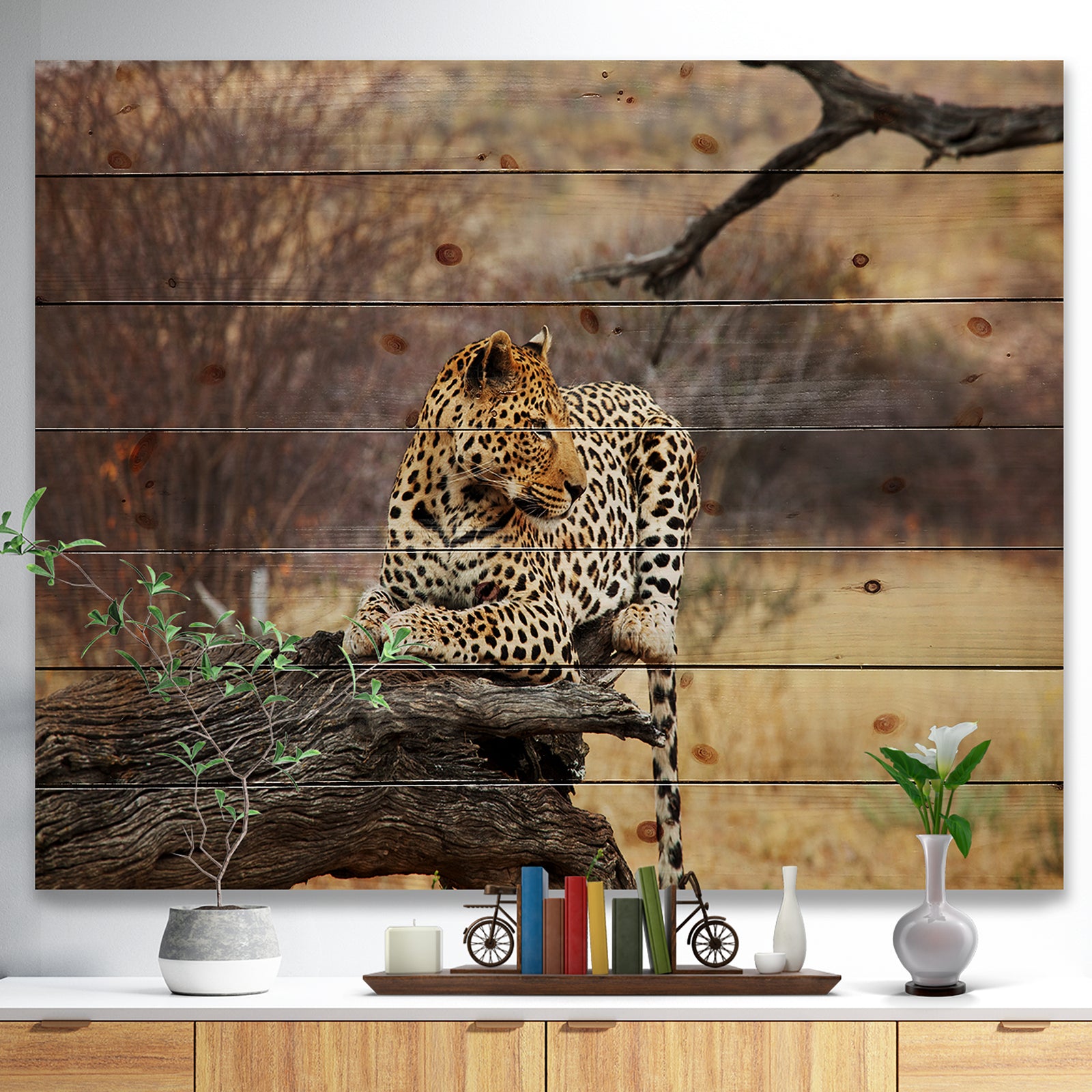 Leopard Sitting on Tree Trunk - African Print on Natural Pine Wood