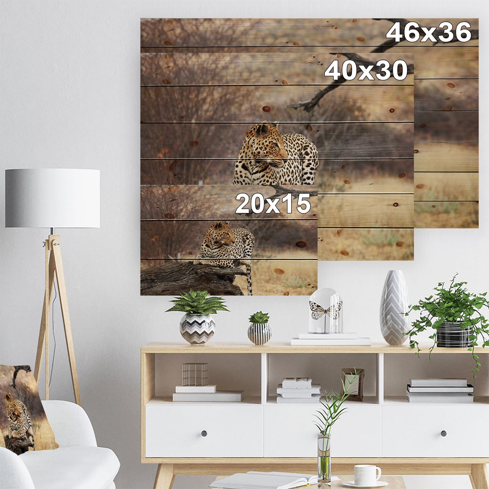 Leopard Sitting on Tree Trunk - African Print on Natural Pine Wood