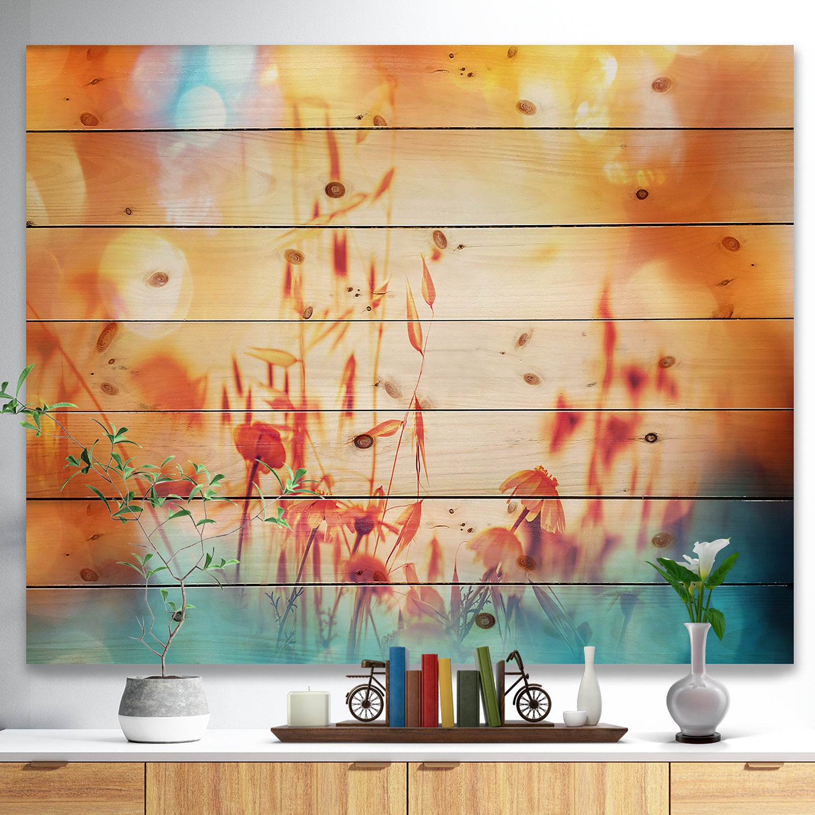 Beautiful Little Summer Flowers View - Floral Print on Natural Pine Wood
