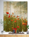 Red Poppy Flowers in Green Field - Floral Print on Natural Pine Wood