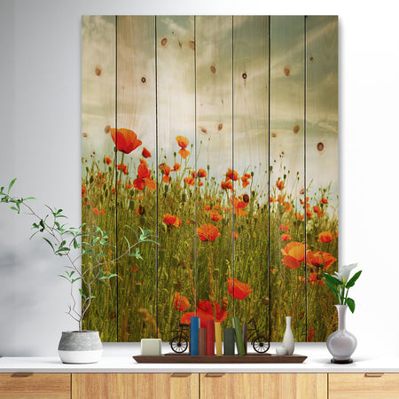 Red Poppy Flowers in Green Field - Floral Print on Natural Pine Wood