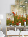 Red Poppy Flowers in Green Field - Floral Print on Natural Pine Wood